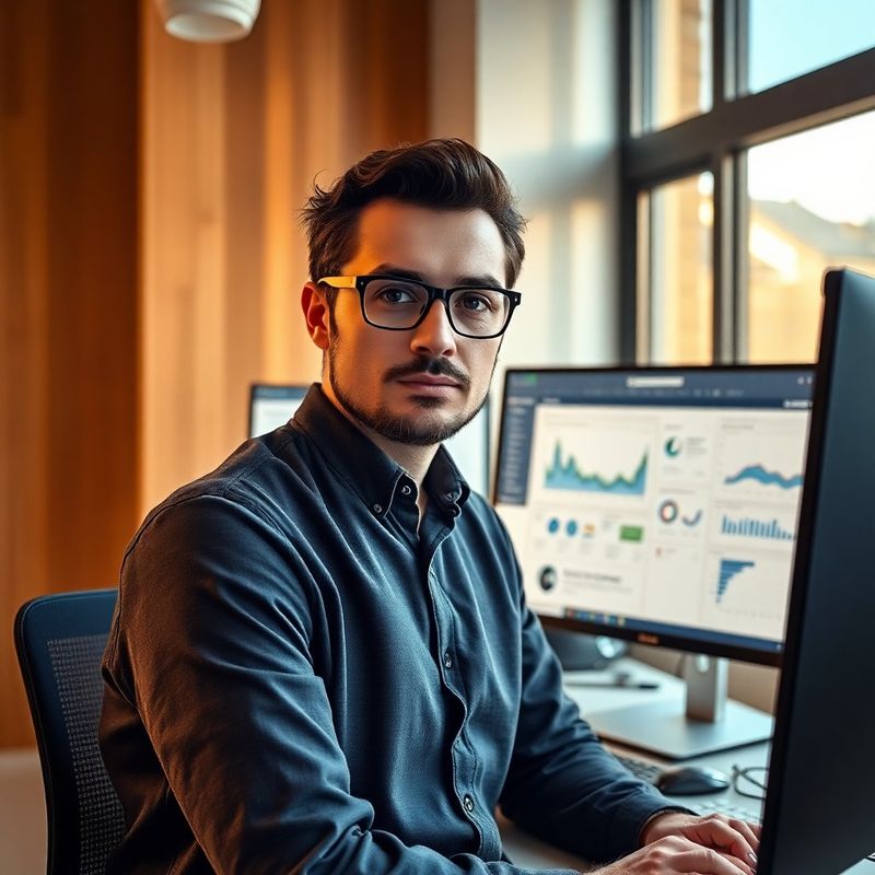 Specialist SEO la un birou modern cu monitoare dublă și date de analytics